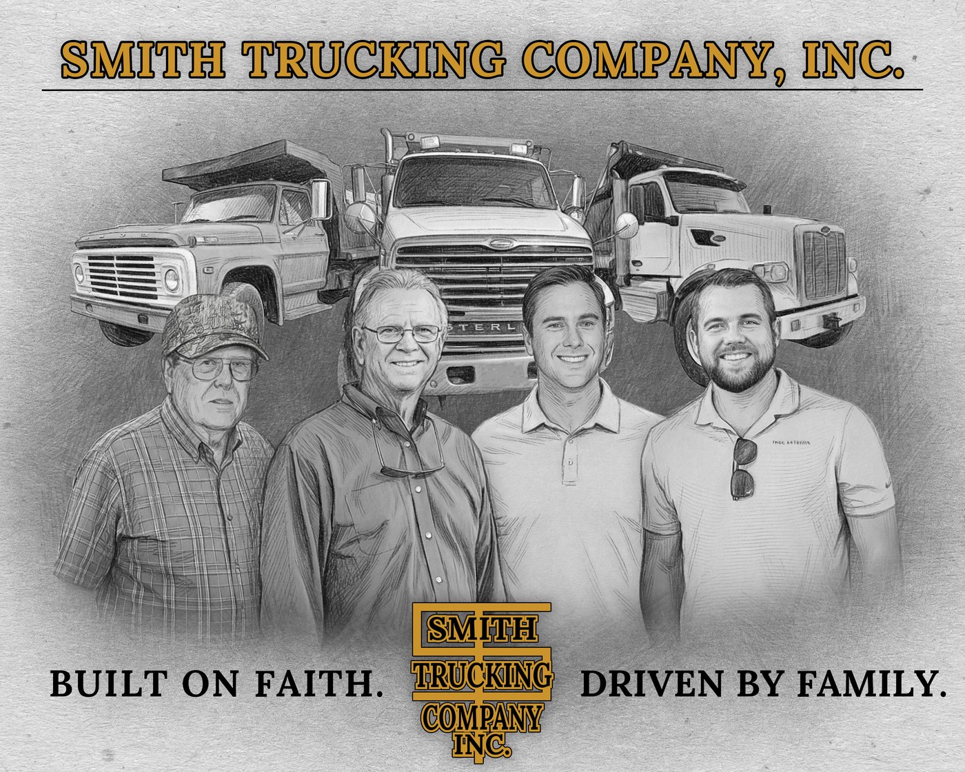 Three generations of the Smith family with the company's trucks through the years. Built on faith. Driven by family.